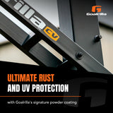Metal frame with Goalrilla logo and text about rust and UV protection.