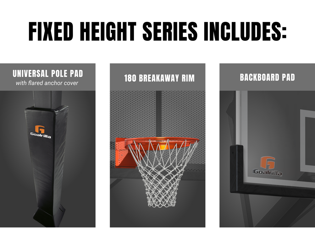 Fixed Height Series Includes: 180 Breakaway Rim, Backboard pad, Universal Pole pad with flared anchor cover