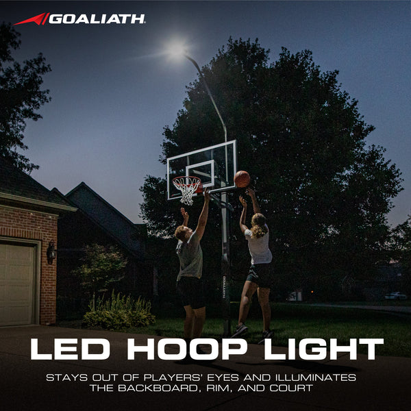 Goaliath led basketball hoop light - stays out of players eyes and illuminates the backboard, rim, and court