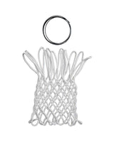 White basketball net with black hoop on a white background