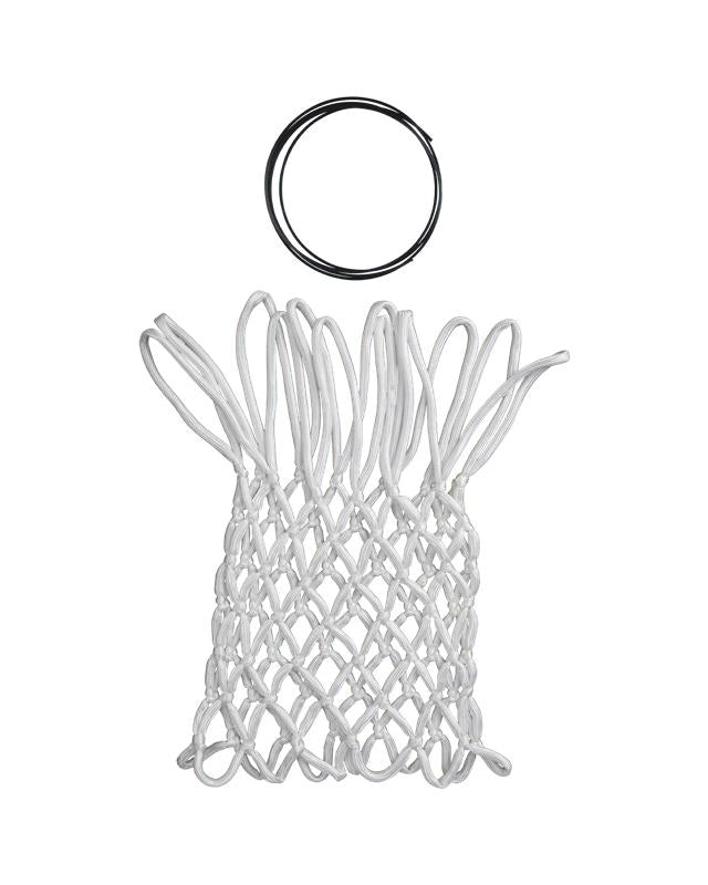 White basketball net with black hoop on a white background