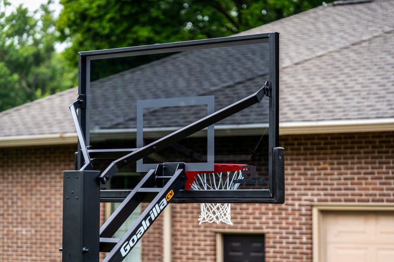 Back of Basketball hoop with Goalrilla branding on a tinted backboard