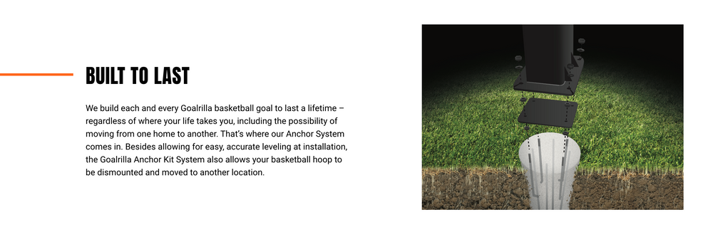 Built to Last; We build each and every Goalrilla basketball goal to last a lifetime - regardless of where your life takes you, including the possibility of moving from one home to another. That's where our Anchor System comes in. Besides allowing for easy, accurate leveling at installation, the Goalrilla Anchor Kit System also allows your basketball hoop to be dismounted and moved to another location.