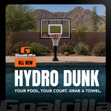 Goalrilla Hydro Dunk basketball hoop system by a pool with mountains in the background