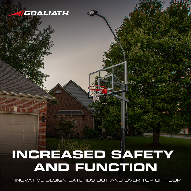 Increased safety and function with Goaliath hoop light  - innovative design extends out and over top of hoop
