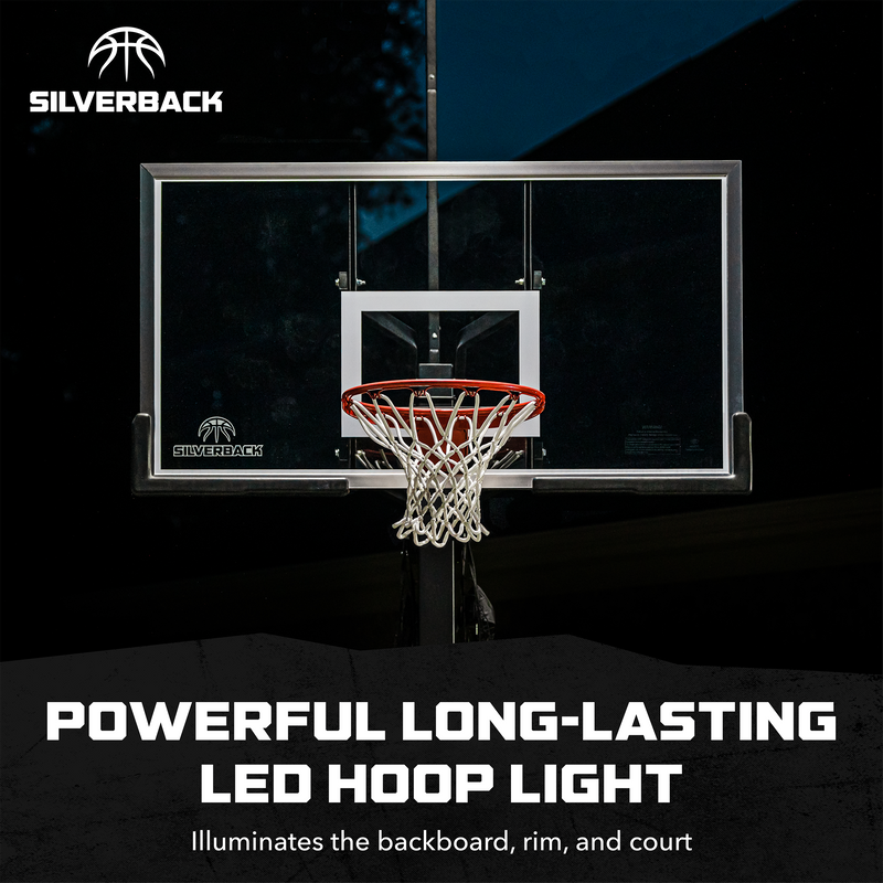 powerful long-lasting LED goal Light illuminates the backboard, rim, and court