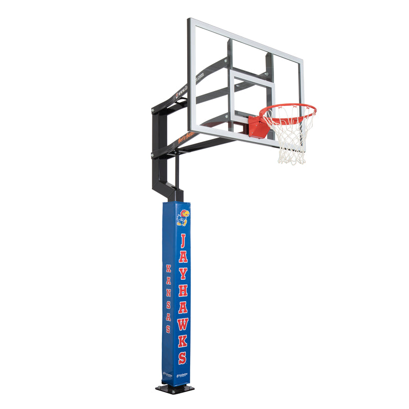 Goalsetter Collegiate Basketball Pole Pad - Kansas Jayhawks (Blue) - Left Side Angled View on Basketball Goal