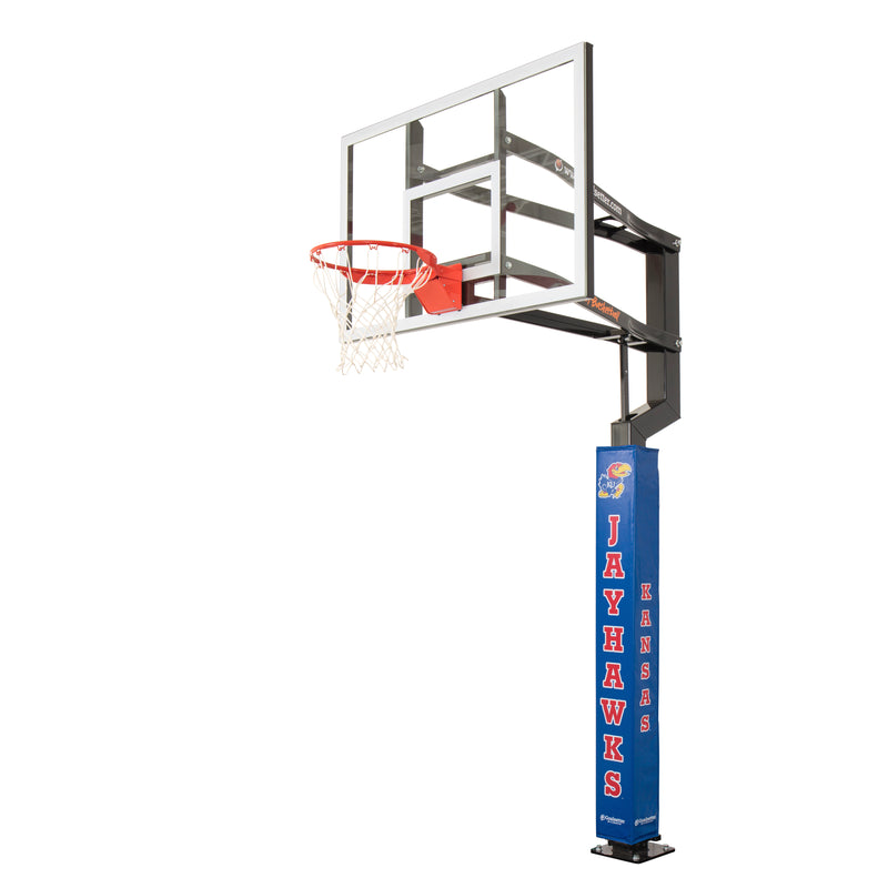 Goalsetter Collegiate Basketball Pole Pad - Kansas Jayhawks (Blue) - Right Side Angled View on Basketball Goal