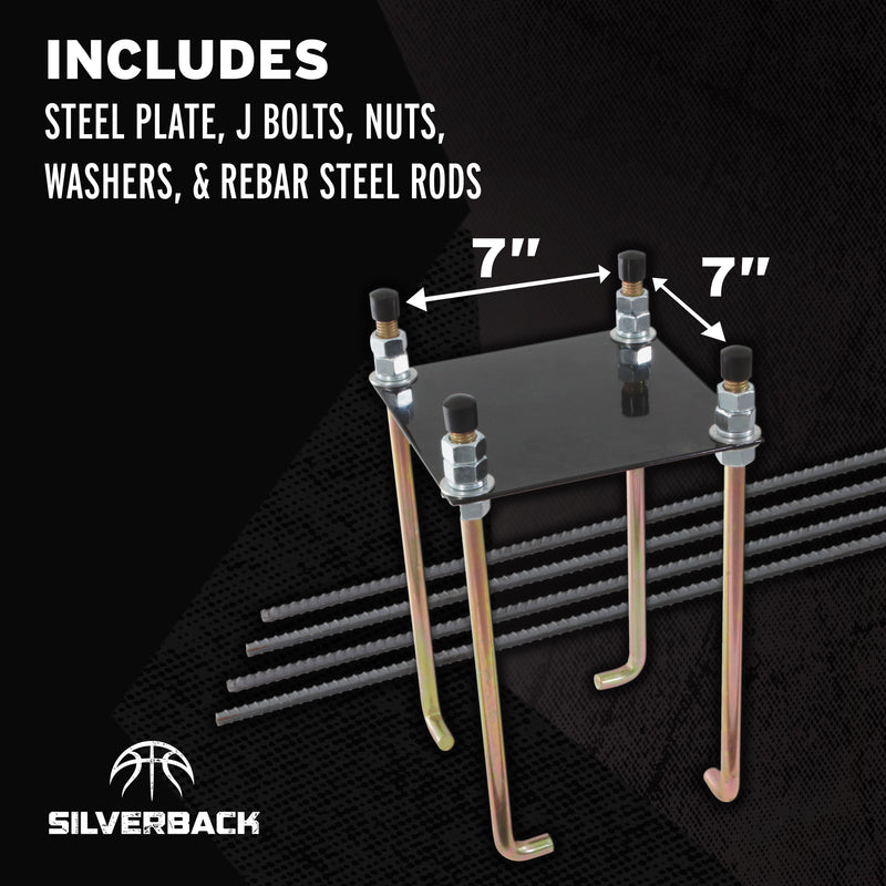 Silverback 7" Basketball Goal Anchor Kit - Includes Steel Plate, J Bolts, Nuts, Washers, and Rebar Steel Rods